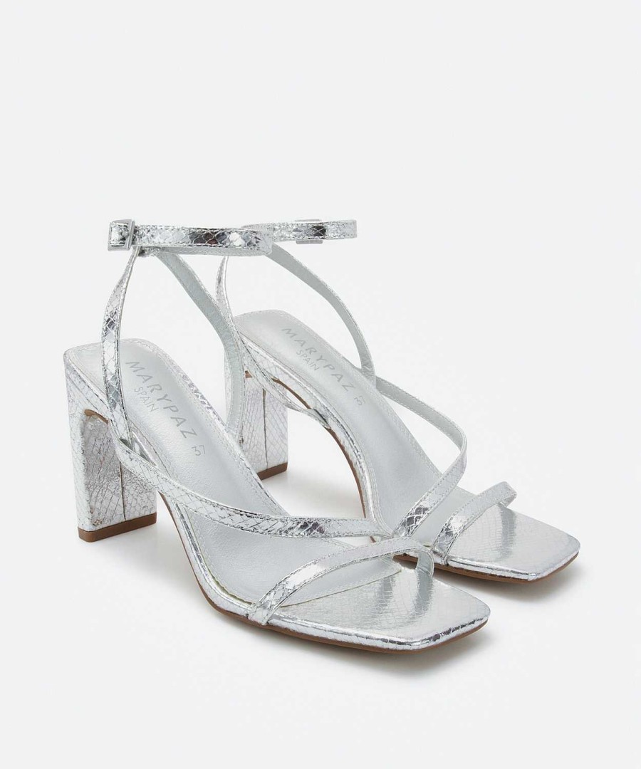 Marypaz Silver Rectangular Heel Sandal